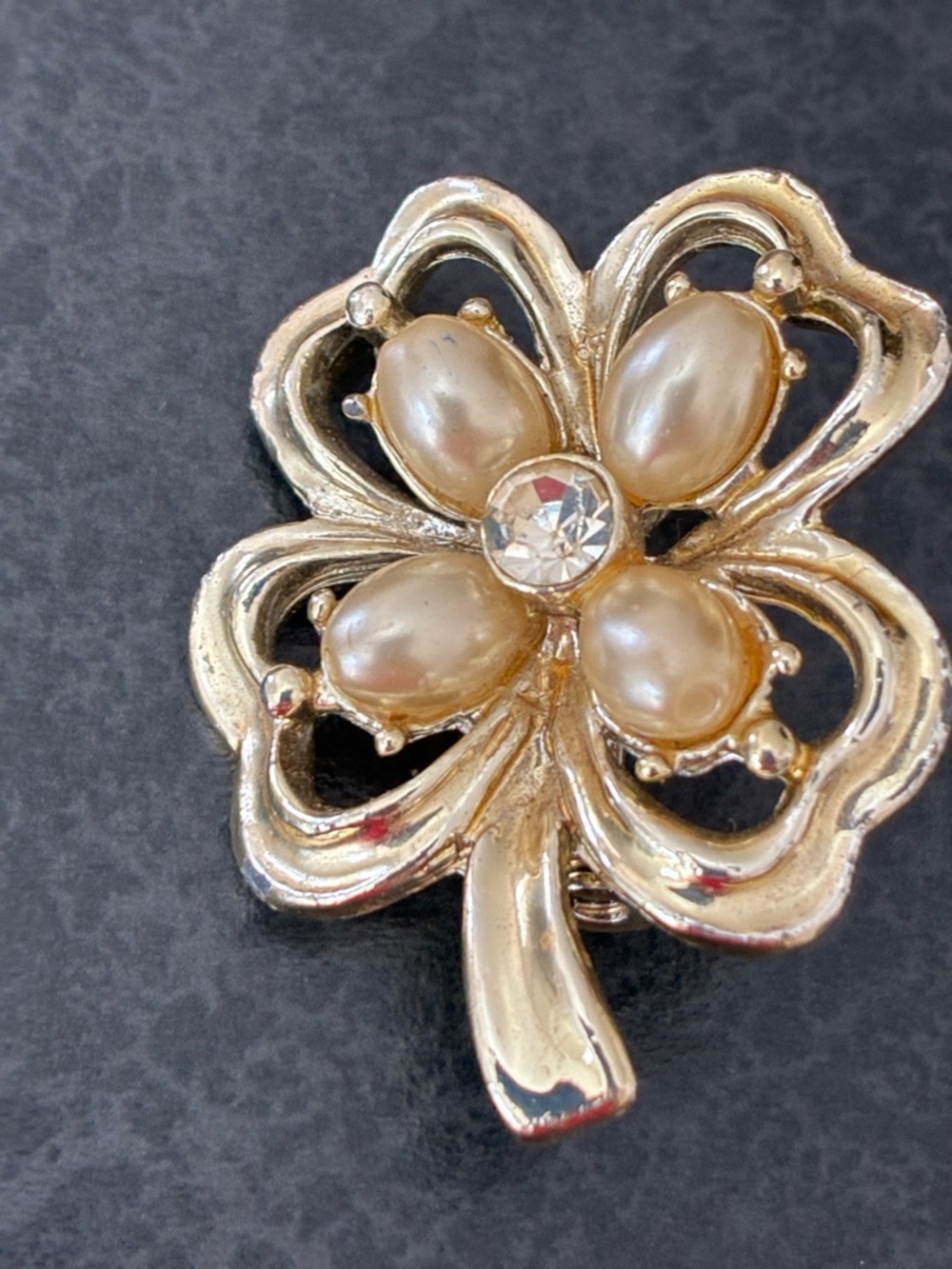 Gold-Tone Faux Pearl Clover Brooch with Clear Crystal